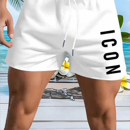 Men'S Quick-Dry Beach Shorts - Breathable, Sun-Protective Lightweight Running & Hiking Shorts with "ICON" Geometric Print, Elastic Waistband, Side Pockets, Casual Outdoor Activewear, Beach Shorts