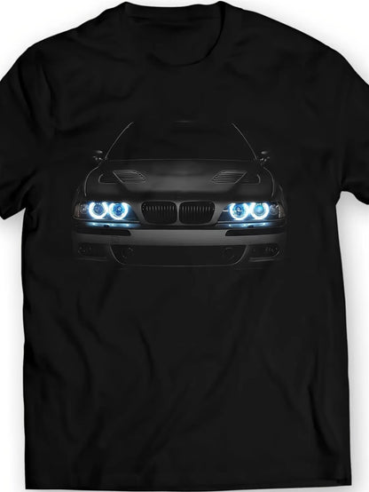 Legendary Bimmer E39 5 Series Unisex T-Shirt - Black with Blue Headlights & Striped Design, Casual Cotton Crew Neck Tee for Men & Women, Perfect for All Seasons, Casual Wear | Sporty Design | Medium Stretch Fabric