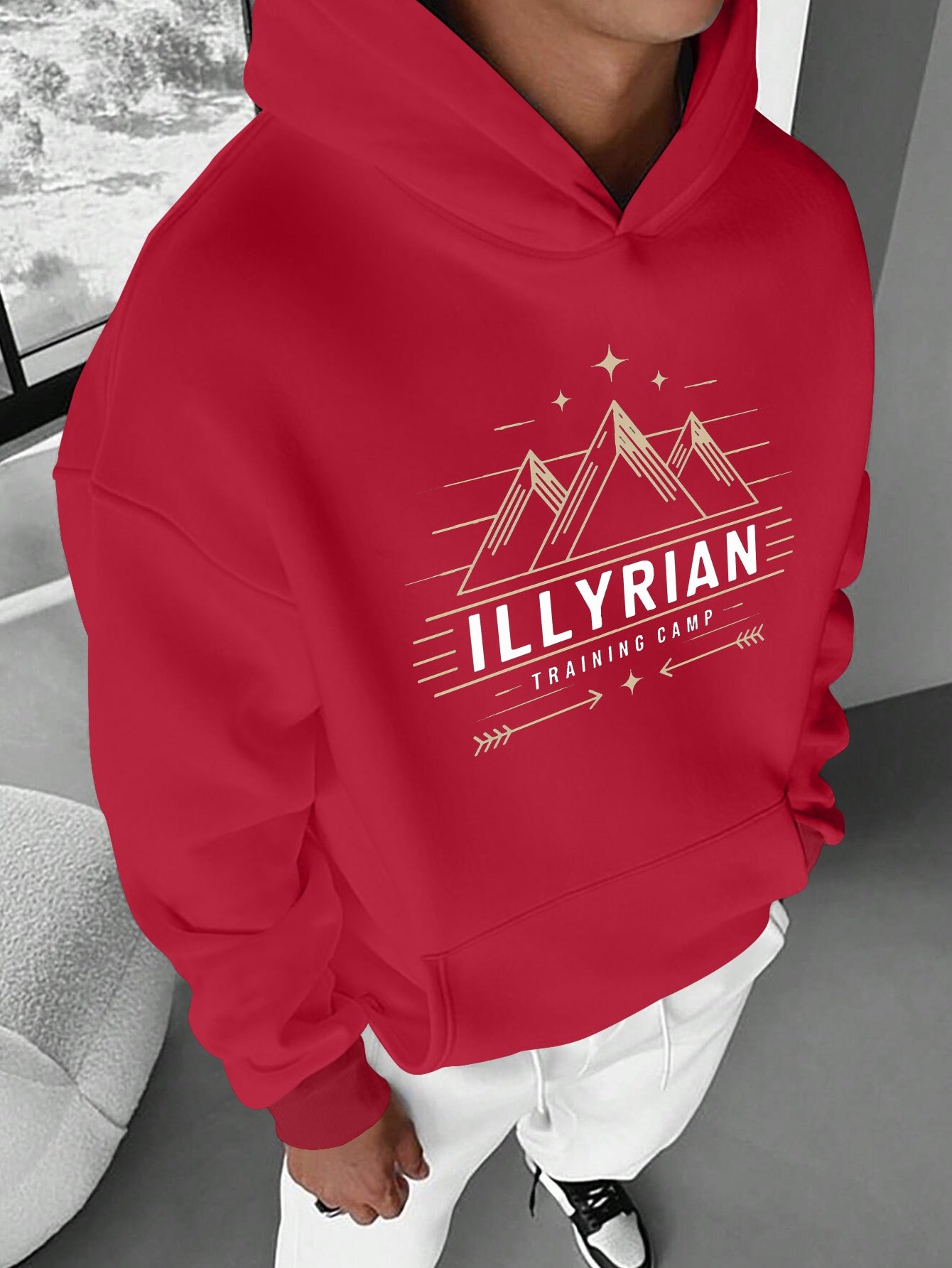 Men's ILLYRIAN TRAINING CAMP Hoodie - Cozy Fleece Sweatshirt with Mountain & Stars Print, Green Casual Pullover for Fall/Winter, Loose Fit, Machine Washable