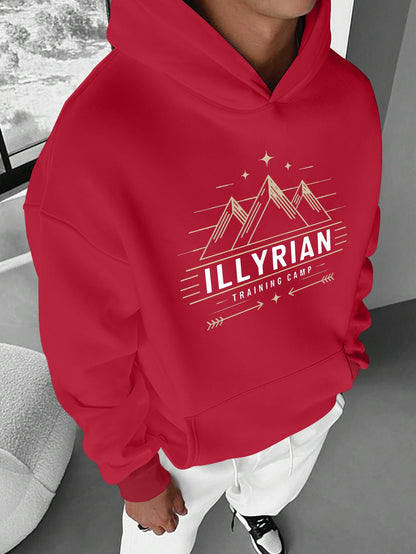 Men's ILLYRIAN TRAINING CAMP Hoodie - Cozy Fleece Sweatshirt with Mountain & Stars Print, Green Casual Pullover for Fall/Winter, Loose Fit, Machine Washable