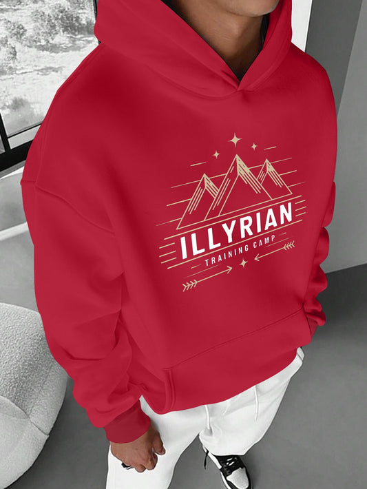 Men's ILLYRIAN TRAINING CAMP Hoodie - Cozy Fleece Sweatshirt with Mountain & Stars Print, Green Casual Pullover for Fall/Winter, Loose Fit, Machine Washable