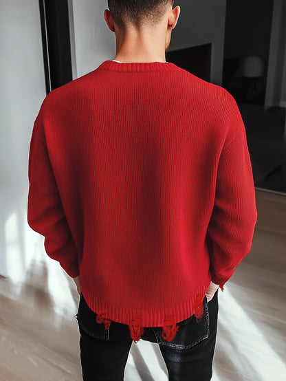 Cozy Men'S Red Heart Knit Sweater - Warm, Comfortable Loose Fit Pullover for Fall/Winter, Casual Crew Neck, Medium Stretch, Viscose Material