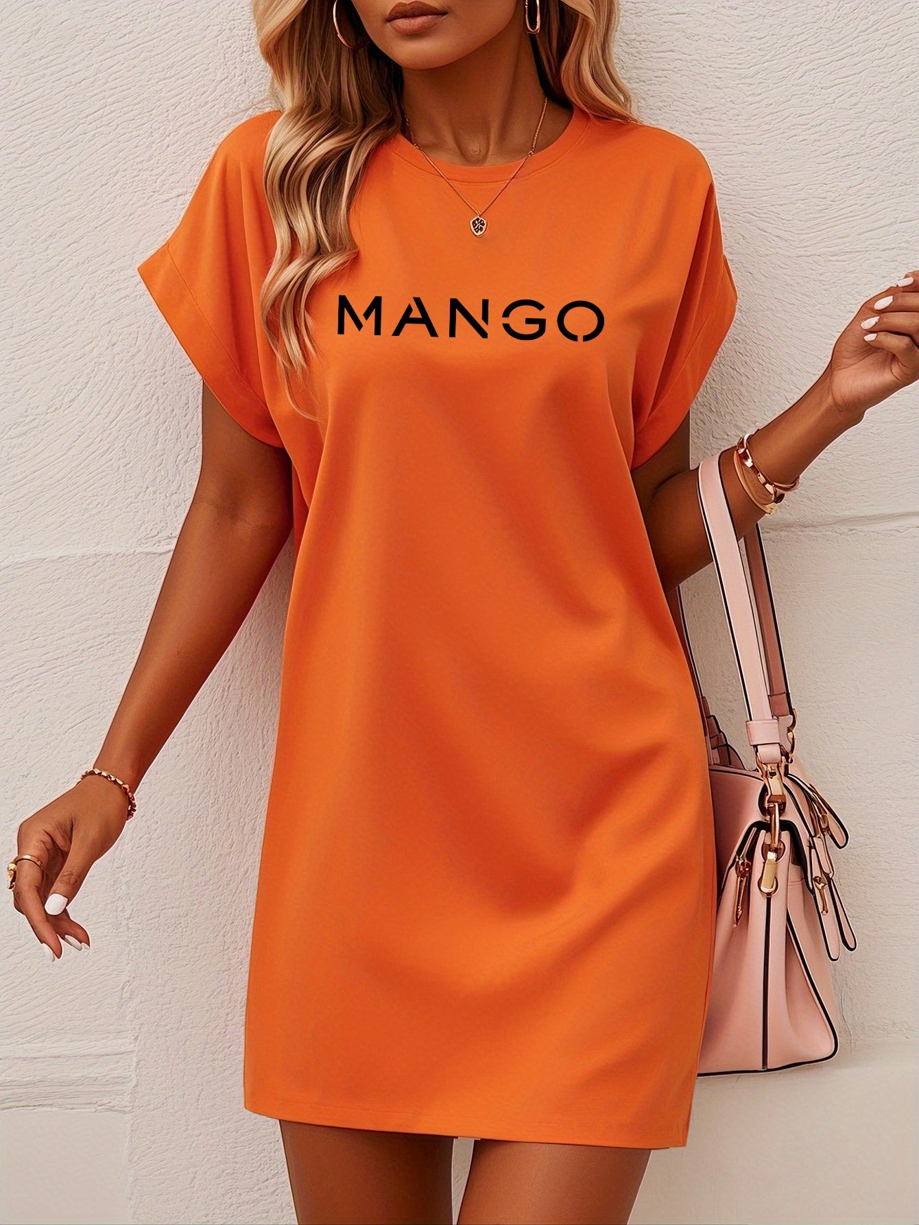 Women's Casual Mango Letter Print T-Shirt Dress - Vibrant Orange Short Sleeve Midi Dress with Pockets, Relaxed Fit & Drop Shoulder, Machine Washable All-Season Comfort, Spring Fashion, Breathable Material, Adult Clothing