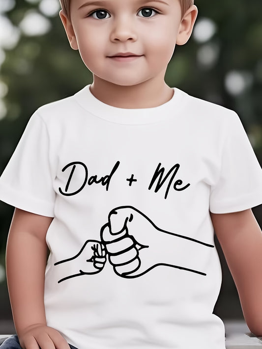 Dad+Me" Matching Father-Son T-Shirts - Boys' Casual Crew Neck Tee with Cartoon Handprint Design, Soft Breathable Fabric, Regular Fit for Spring Summer Fall, Cute T Shirts, Everyday Outfit, Trendy Graphic Tee, Comfortable Mate
