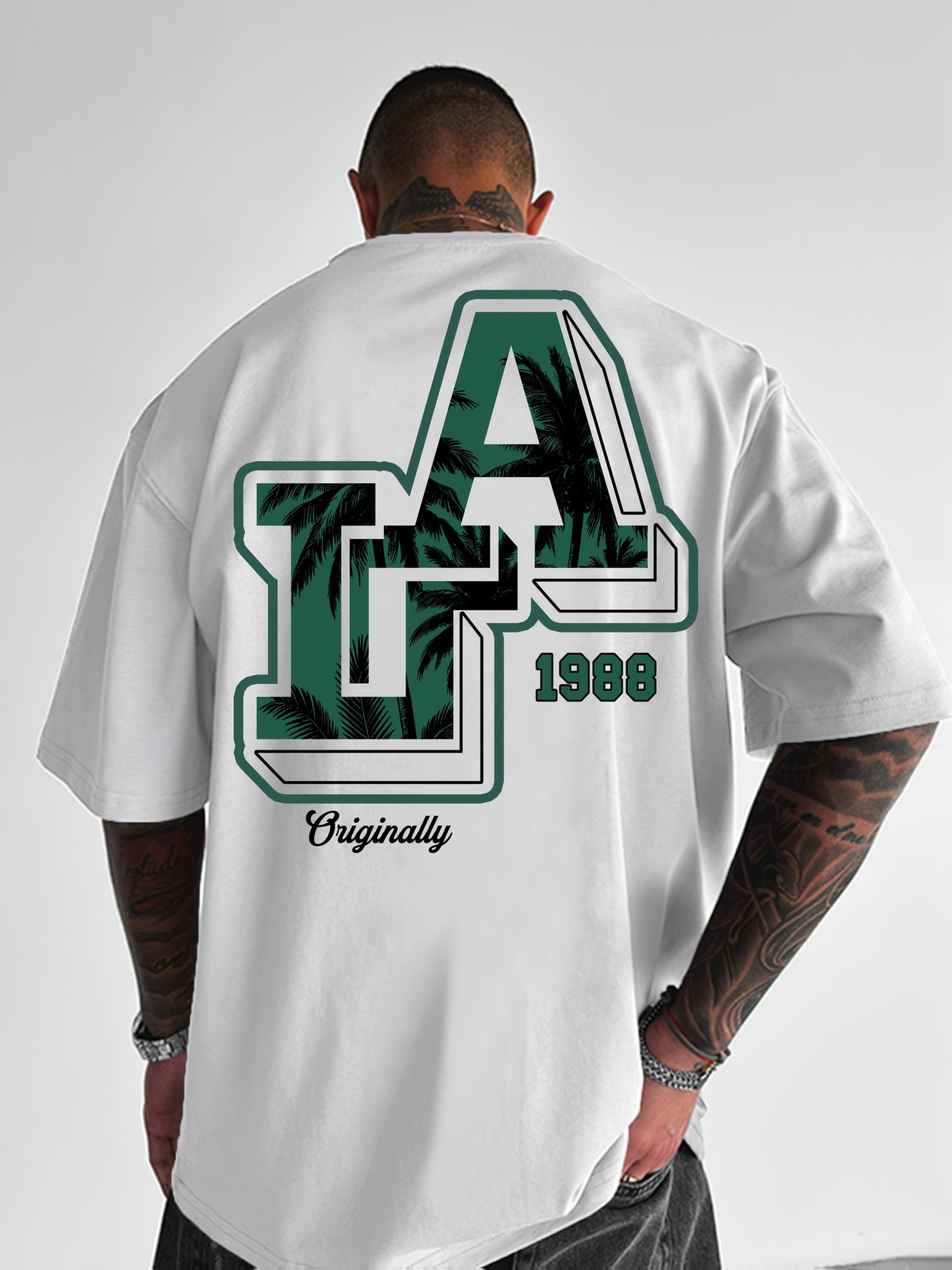Men'S Casual Y2K LA Graphic T-Shirt - Bold Oversized "LA" Letter Print, Comfortable & Breathable with Slight Stretch, Perfect for Home & Outdoor Activities, Spring/Summer Fashion, Machine Washable, Loose Fit Short Sleeve Crew