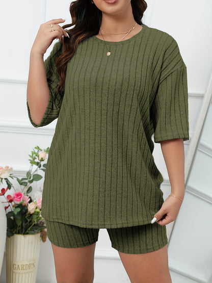 Women's Casual Lounge Set, Plus Size Solid Ribbed Short Sleeve Round Neck Top & Shorts Pajamas 2 Piece Set