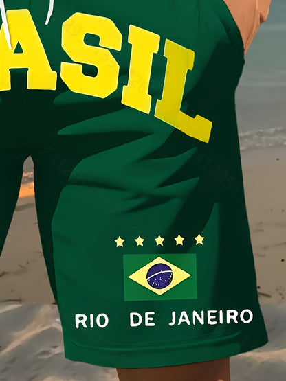 2025 New Men'S Fashion Print Beach Shorts, Brazilian Football Style Pattern 3D Print, - Casual Polyester Drawstring Waist, Lightweight and Comfortable for Summer, Casual Wear | Drawstring Shorts | Comfortable Fit Shorts for B