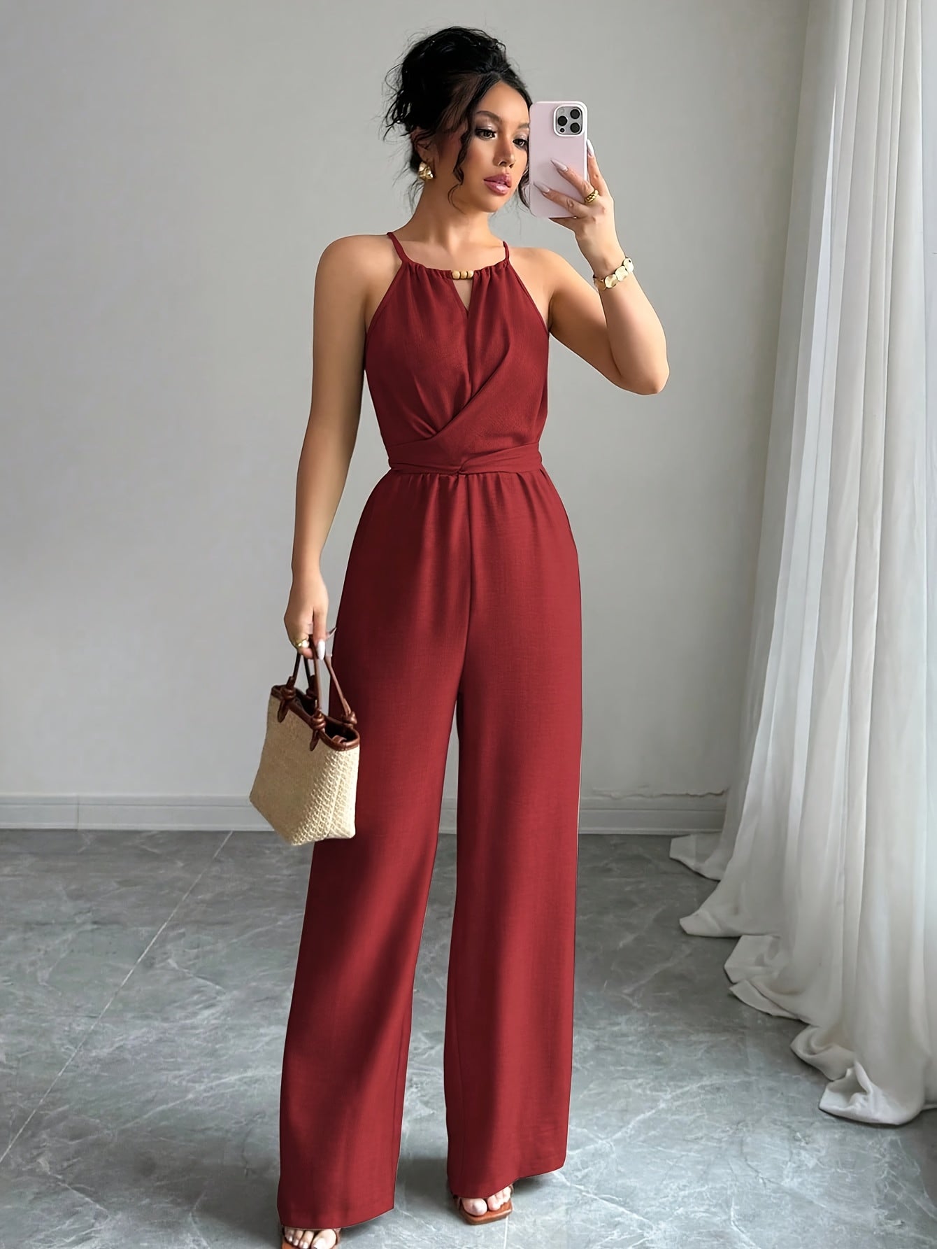 Women'S Elegant Off-Shoulder Twist Front Jumpsuit - Beige Wide-Leg Jumpsuit with Adjustable Waist Tie, Perfect for Spring & Summer Casual or Dressy Outfits, Casual Chic Wear | Offshoulder Fashion | Polyester Fabric