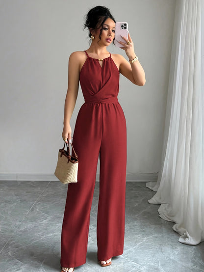 Women'S Elegant Off-Shoulder Twist Front Jumpsuit - Beige Wide-Leg Jumpsuit with Adjustable Waist Tie, Perfect for Spring & Summer Casual or Dressy Outfits, Casual Chic Wear | Offshoulder Fashion | Polyester Fabric