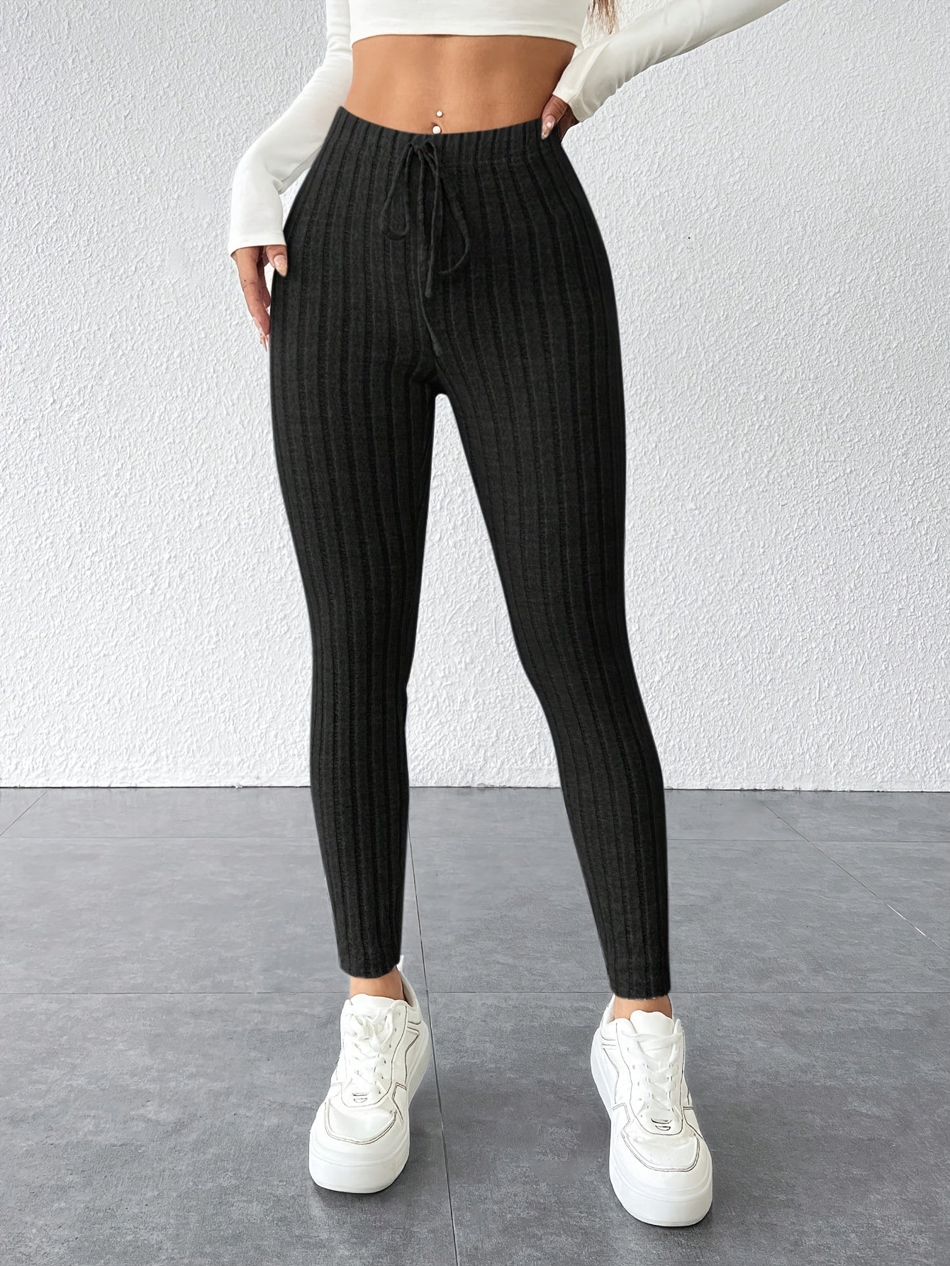 Women's Tie Waist Ribbed Bodycon Leggings - Medium-Stretch All-Season Casual Pants, Solid Color Non-See-Through Machine Washable for Casual Attire & Layering, High Waisted Leggings, Versatile Bottoms, Sleek Fit, Comfortable F