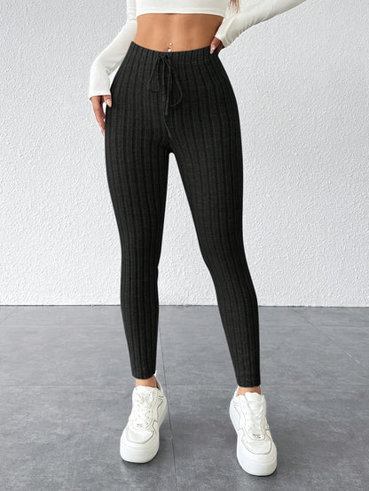 Women's Tie Waist Ribbed Bodycon Leggings - Medium-Stretch All-Season Casual Pants, Solid Color Non-See-Through Machine Washable for Casual Attire & Layering, High Waisted Leggings, Versatile Bottoms, Sleek Fit, Comfortable F