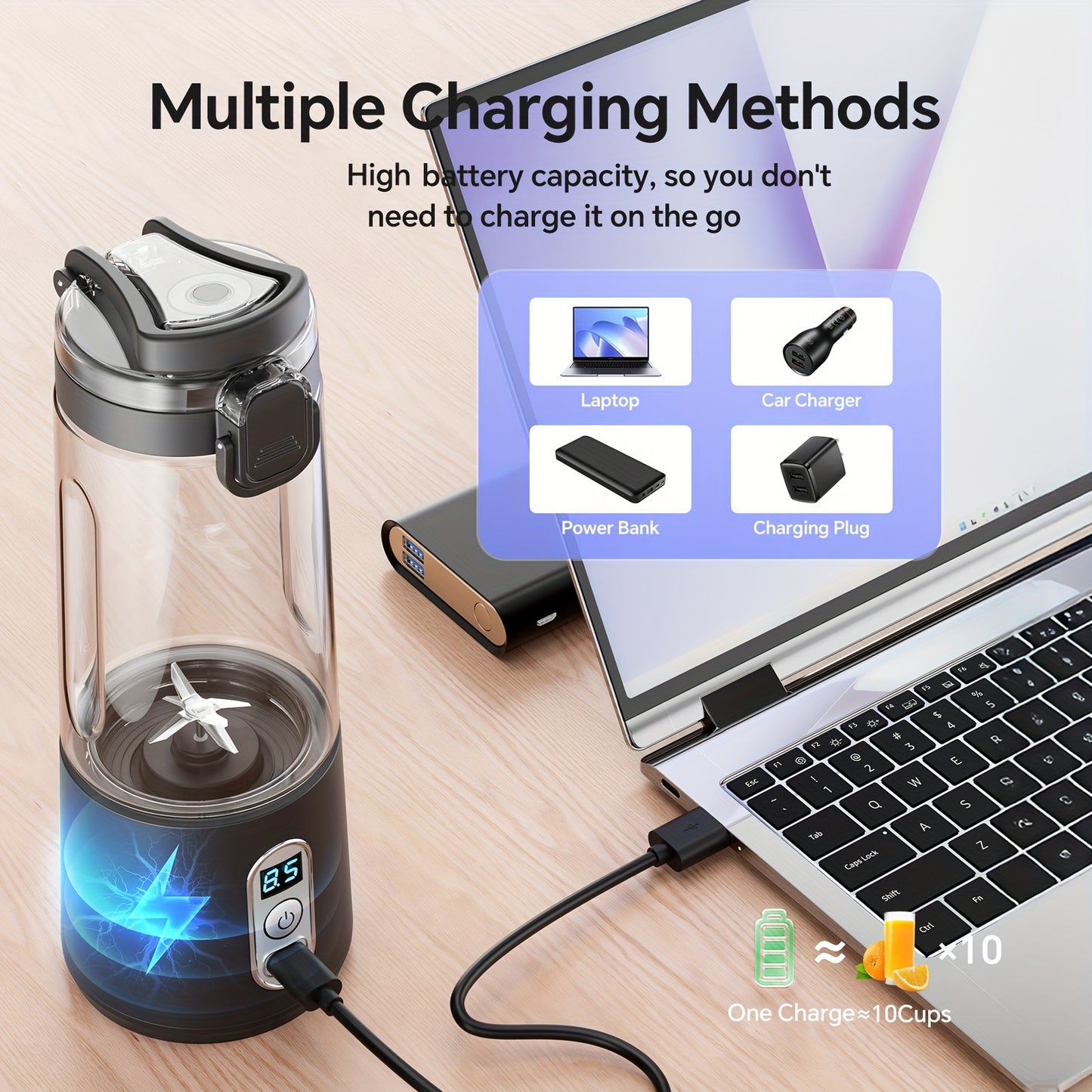 USB Rechargeable Portable Blender with Digital Timer Display, 10-Cup Capacity, Detachable & Easy-Clean Design for Smoothies, Juices, Protein Shakes - Ideal for Gym, Travel, Home Use, Smoothie Blender Portable, Juice Preparati