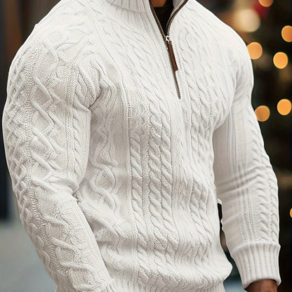Men's Sweater, Half-High Collar Zip-Up Cable Knit Pullover with Adjustable Neckline, Classic Cable Weave Design, Minimalist and Versatile for Casual Wear, Mature and Stylish Look, Perfect for Autumn and Winter Seasons, Combin