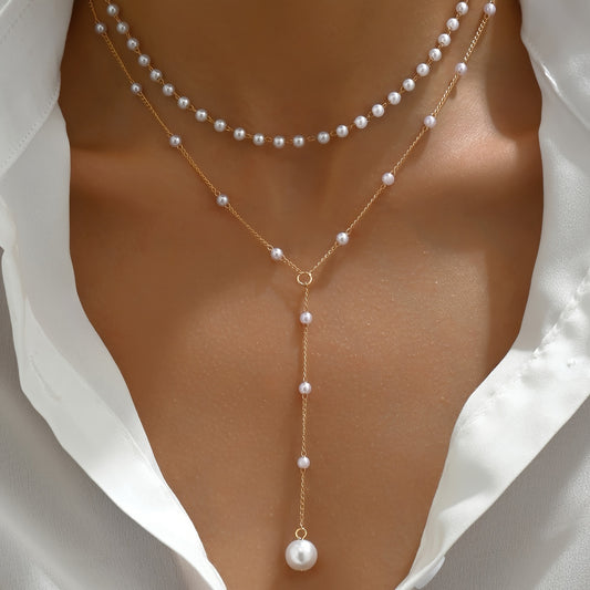 1pc Elegant Double Layer Faux Pearl Tassel Necklace - Vintage Style, Zinc Alloy, Adjustable Bead Count for Daily & Party Wear, All-Season Accessory