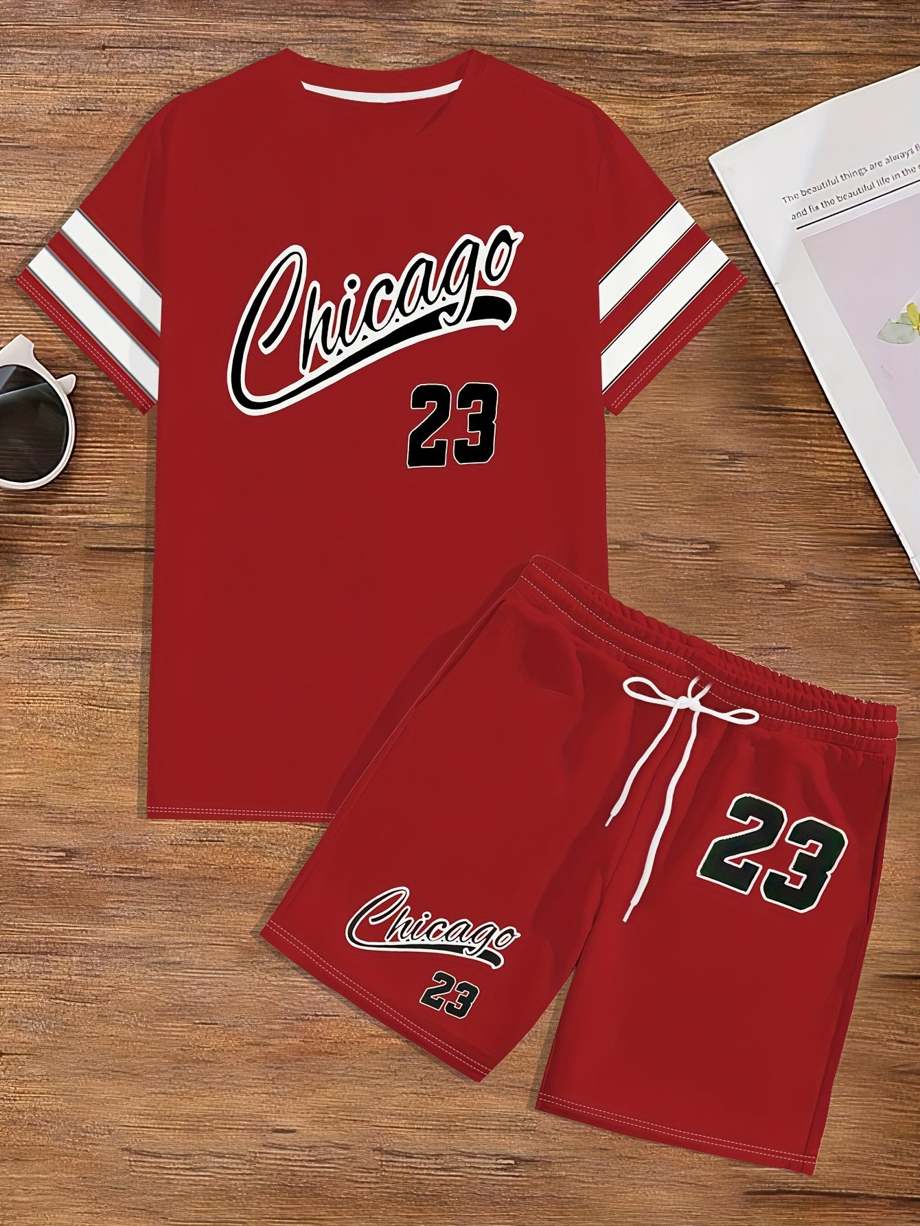Summer Men's T-Shirt Set with Unique Digital Line Letter Print and Baseball Element Shorts Two-Piece Outfit
