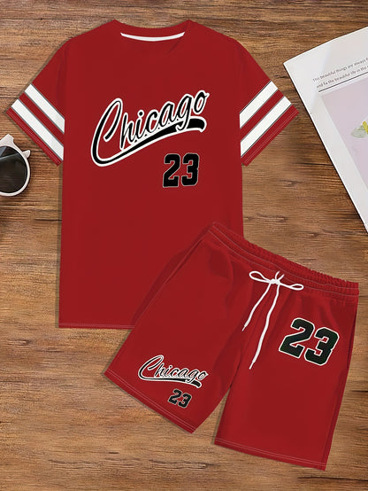 Summer Men's T-Shirt Set with Unique Digital Line Letter Print and Baseball Element Shorts Two-Piece Outfit
