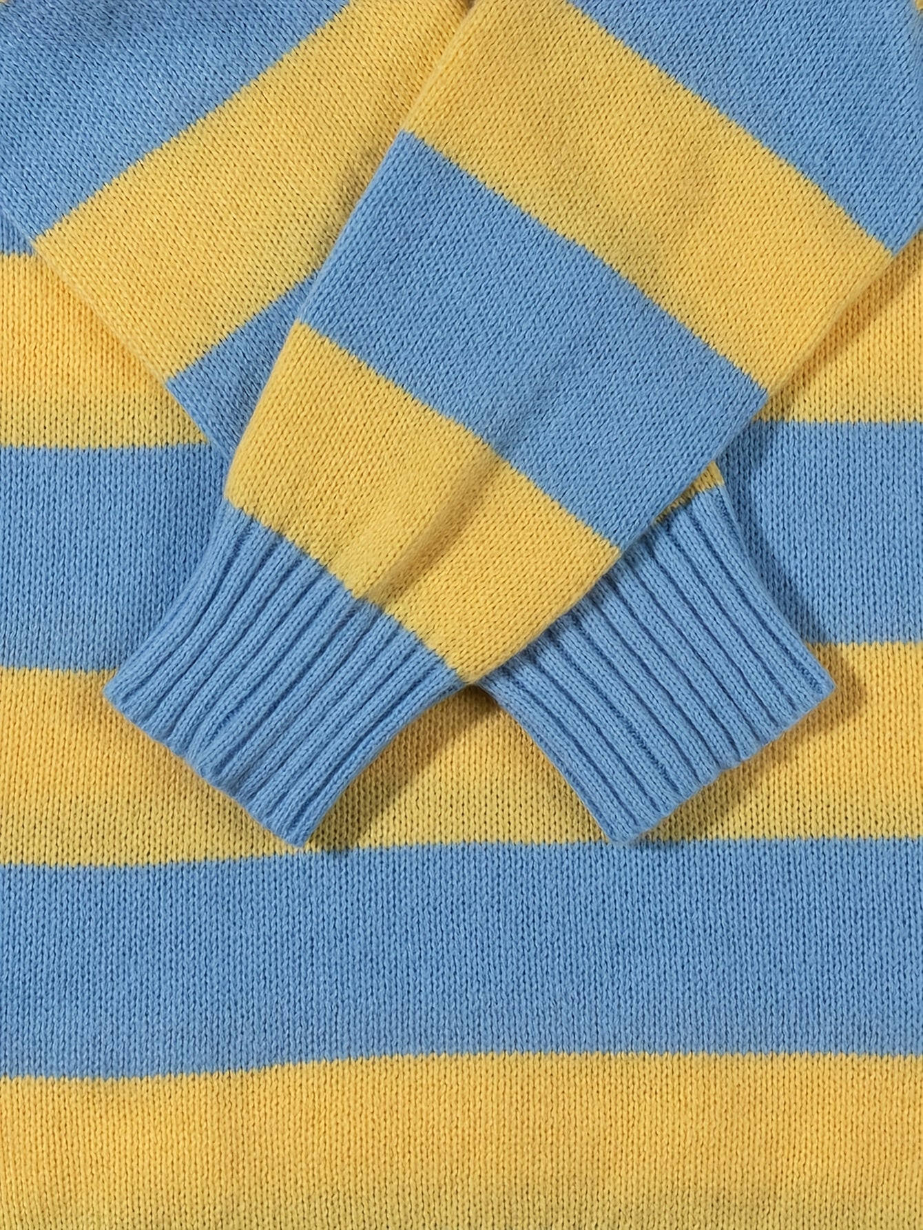 Unisex Streetwear Loose Fit Striped Knit Sweater - Long Sleeve Round Neck All-Season Casual Pullover with Yellow & Blue Horizontal Stripes, Hand Wash Only