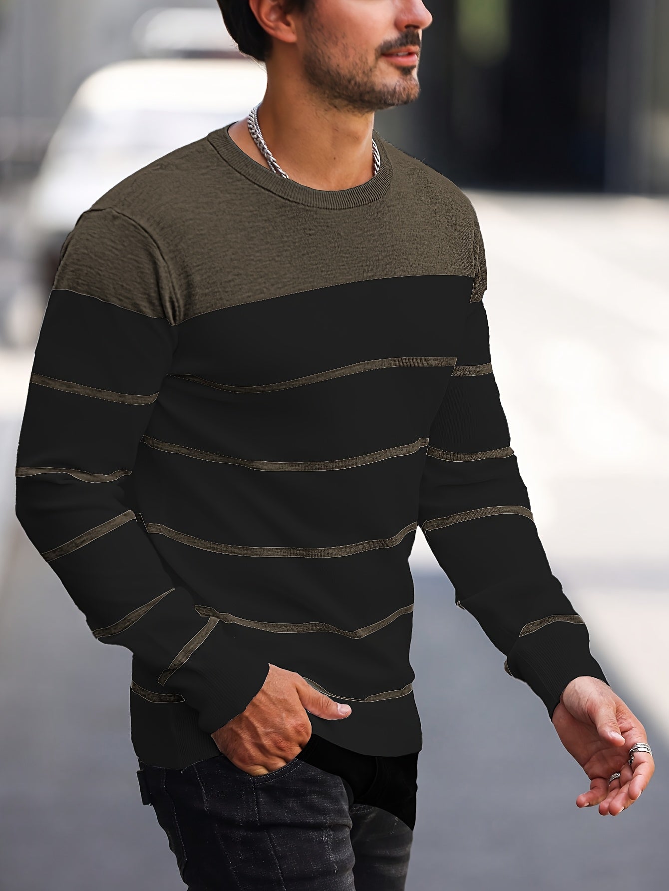 Men's Casual Striped Knit Pullover Sweater - Navy & White Contrast, Regular Fit H-Silhouette, Long Sleeve Crew Neck, Medium Stretch, Machine Washable for Spring & Fall, Mediumstretch Fabric