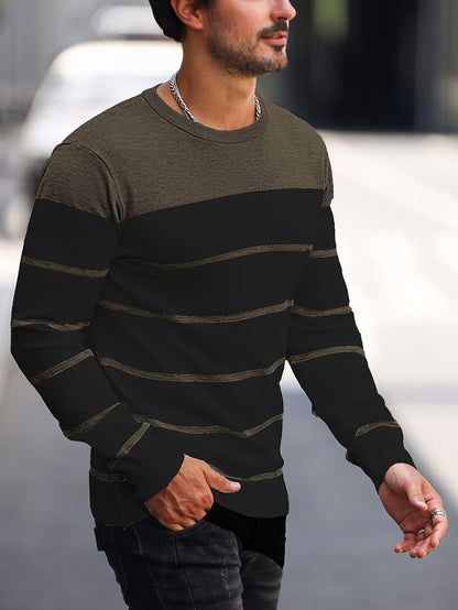 Men's Casual Striped Knit Pullover Sweater - Navy & White Contrast, Regular Fit H-Silhouette, Long Sleeve Crew Neck, Medium Stretch, Machine Washable for Spring & Fall, Mediumstretch Fabric