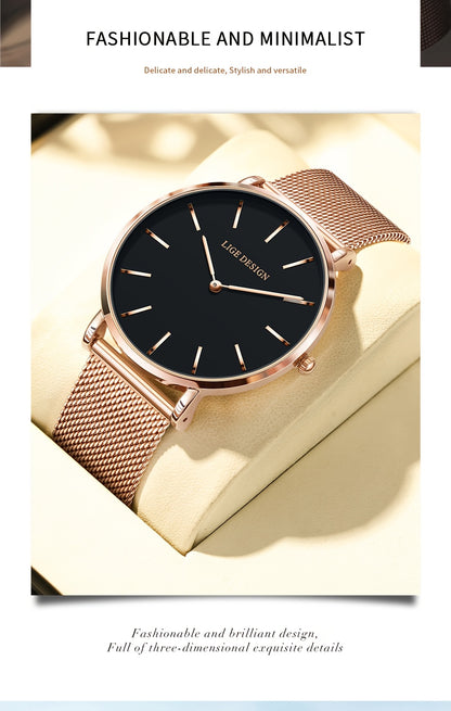 LIGE Women'S Ultra-Thin Quartz Watch with Rose Golden Mesh Strap - Elegant Blue Dial, Minimalist Design, Perfect Gift for Mother'S Day, Christmas, Thanksgiving, Christmas Accessory | Minimalist Watch | Quartz Movement