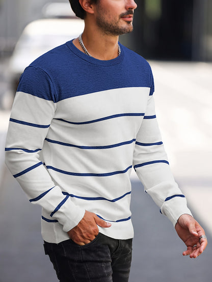 Men's Casual Striped Knit Pullover Sweater - Navy & White Contrast, Regular Fit H-Silhouette, Long Sleeve Crew Neck, Medium Stretch, Machine Washable for Spring & Fall, Mediumstretch Fabric