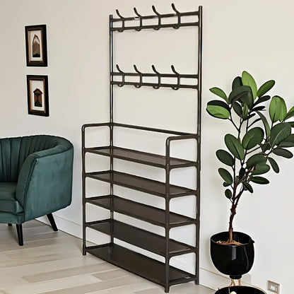 Clothes and Hat Rack, Freestanding Shoe Shelf with Sturdy Thick Metal Plastic Hooks – Space-Saving Modern Design for Shoes, Hats, and Clothes. Easy to Assemble for Living Room, Bedroom & Home Office, Hat Organizer, Home Org