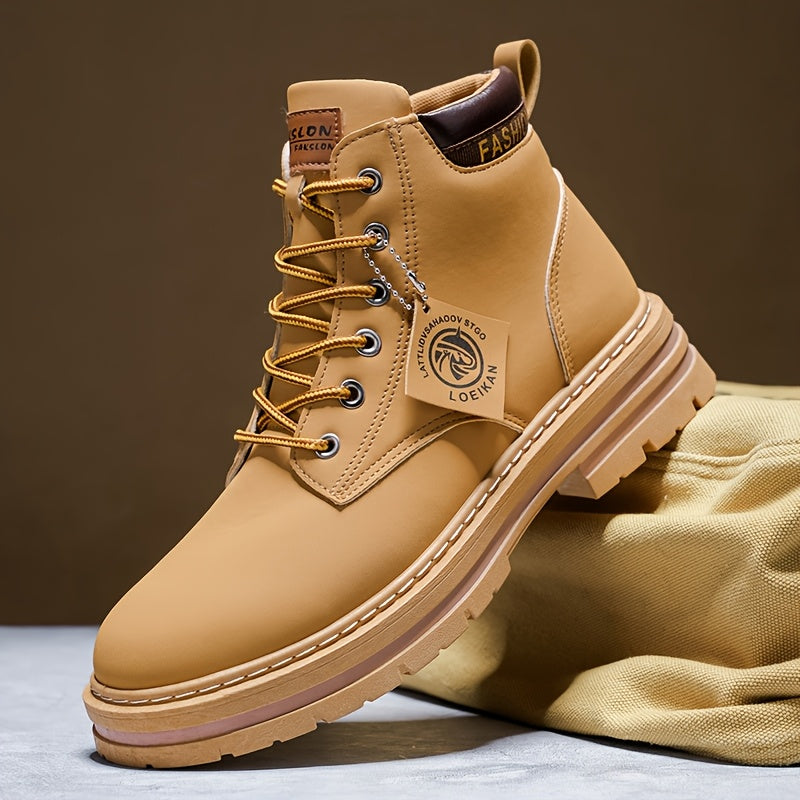 Men'S Olive Green Casual Boots - Comfortable Lace-Up Ankle Boots with Thick Cushioned PVC Sole, Round Toe & Breathable Fabric Lining for All-Season Wear, Everyday Footwear, Minimalist Design, Durable Construction