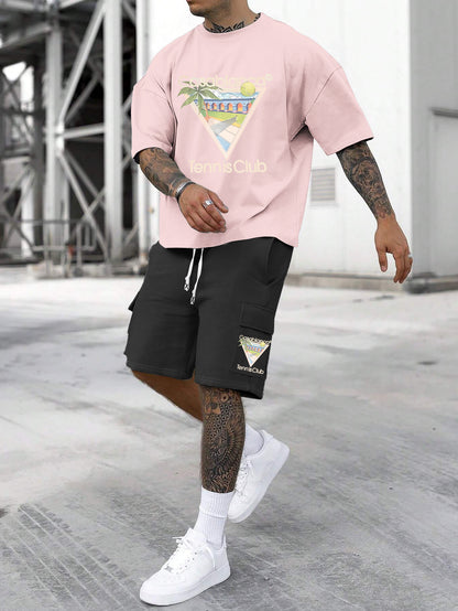 New Loose Fit Breathable Men's Crew Neck Short Sleeve T-Shirt and Workwear Style Multi-Pocket Shorts Set, Summer Casual Sportswear Two-Piece Outfit, Stylish Versatile Top and Pants for Both Men and Women