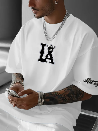 Men's Casual LA Graphic T-Shirt - Breathable Stretch Fabric, Oversized Fit with Crown & Script Lettering, Beige Summer Tee for Outdoor Activities & Casual Attire, Machine Washable, Leisure Clothing, Citythemed Apparel