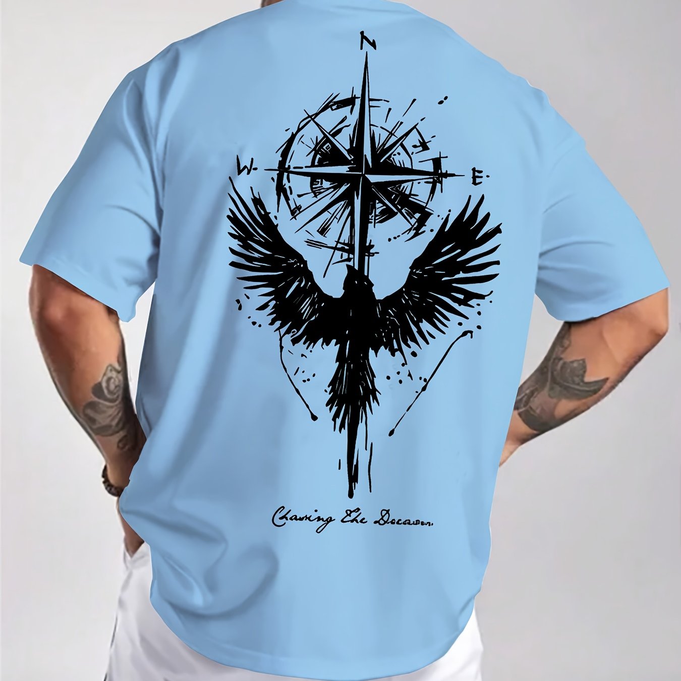 Men'S Summer Short Sleeve T-Shirt with Bold Eagle & Compass Print - Light Blue Casual Round Neck Tee, Comfortable Stretch Fabric for Casual Attire, Everyday Tshirt | Bold Graphic Tee | Comfortable Fit