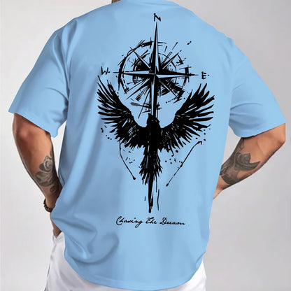 Men'S Summer Short Sleeve T-Shirt with Bold Eagle & Compass Print - Light Blue Casual Round Neck Tee, Comfortable Stretch Fabric for Casual Attire, Everyday Tshirt | Bold Graphic Tee | Comfortable Fit