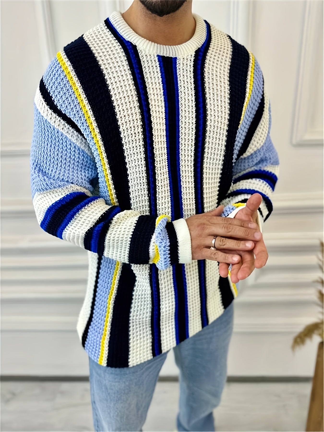 Men's Casual Striped Knit Sweater - Black & Yellow Contrast Long Sleeve Pullover with Round Neck, Regular Fit for Office Commute & Streetwear | Autumn Winter Fashion, Knit Sweater, Winter Wardrobe, Trendy Knitwear, Durable Fa