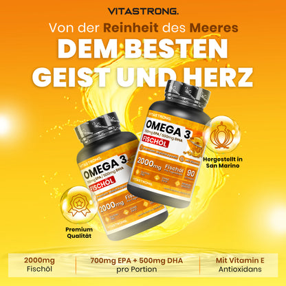 Omega-3 Fish Oil 2000mg High Potency with Vitamin E, Unflavored – Omega-3 Fish Oil with 700mg EPA & 500mg DHA, Pure Omega-3 Supplement for Heart, Brain & Vision Health