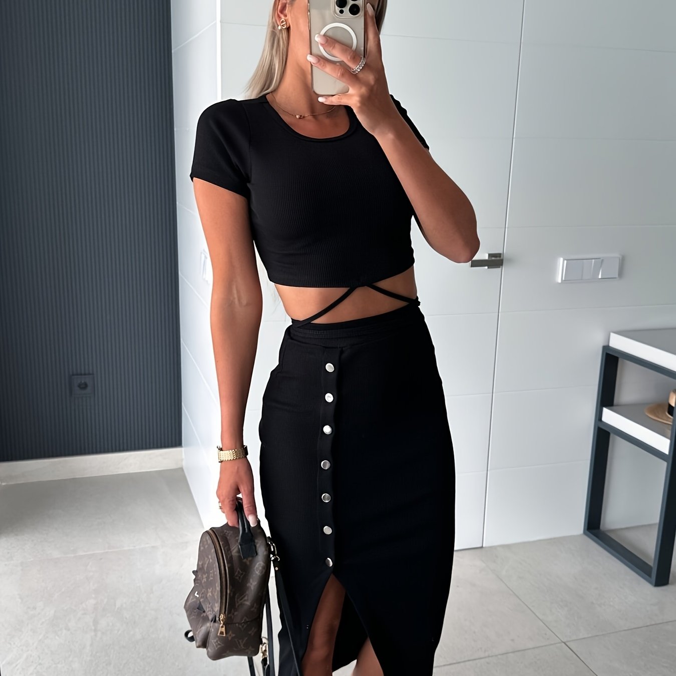 Women'S Casual Two-Piece Set - Black Crop Top with Button Detail & High-Waisted Skirt, Short Sleeve, Round Neck, Button-Up Front, Mid-Length, Lightweight Polyester Blend for Spring/Summer, Casual Attire|Modern Casualwear|Poly
