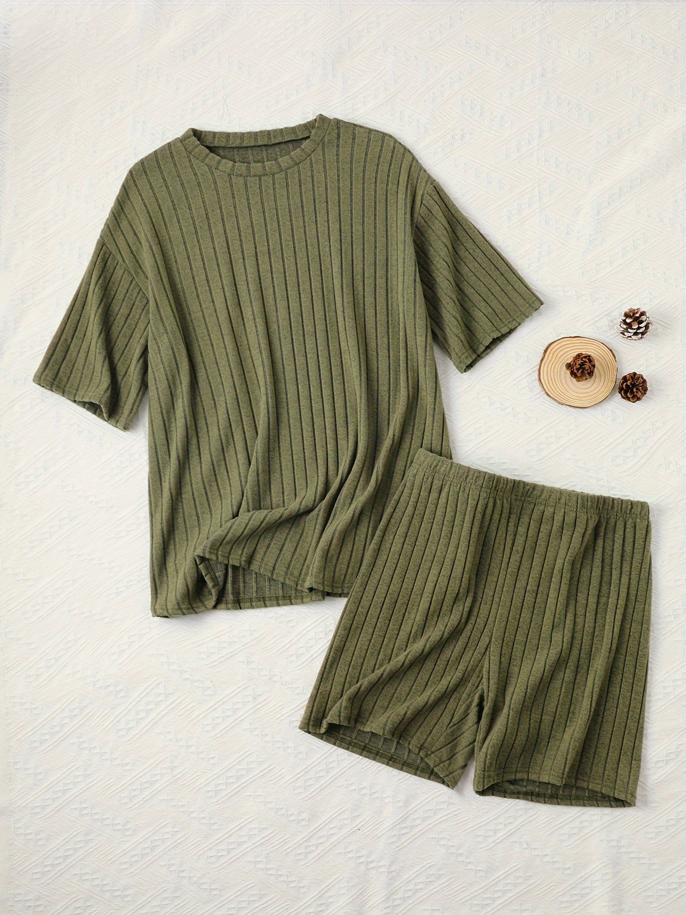Women's Casual Lounge Set, Plus Size Solid Ribbed Short Sleeve Round Neck Top & Shorts Pajamas 2 Piece Set
