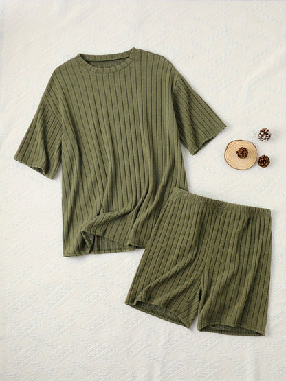 Women's Casual Lounge Set, Plus Size Solid Ribbed Short Sleeve Round Neck Top & Shorts Pajamas 2 Piece Set