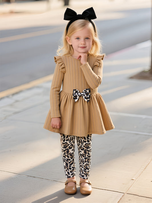 2pcs Set. Girls' Autumn and Winter Casual Outfit, Plush Ribbed Long Sleeve Top with Bow Detail, Leopard Print Pants, Perfect for Outdoor Activities and Sports Vacation as a Gift, Perfect for Outdoor