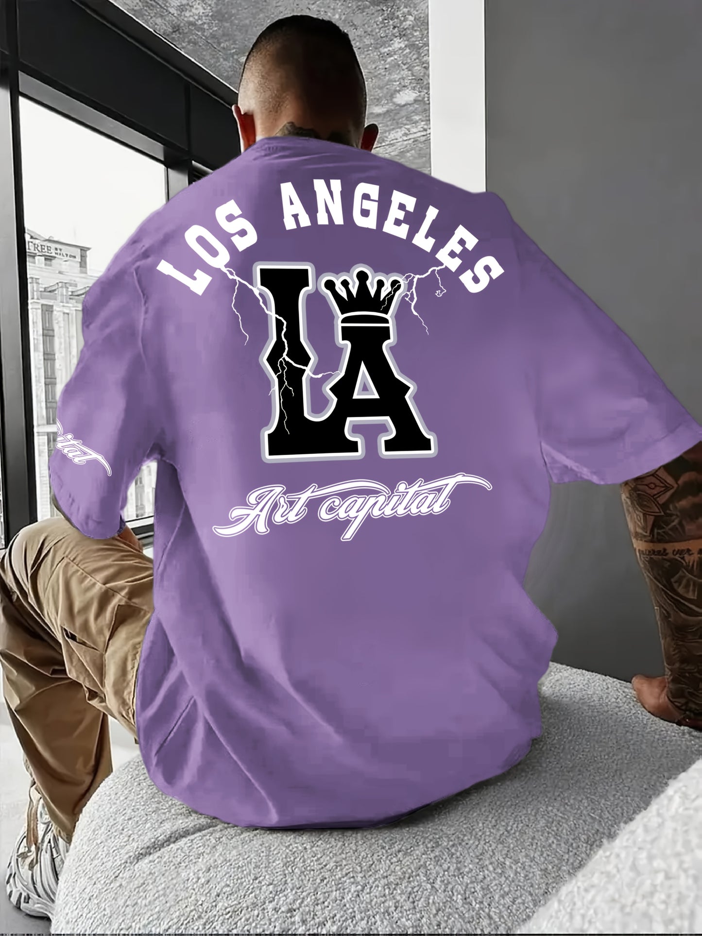 Men's Casual LA Graphic T-Shirt - Breathable Stretch Fabric, Oversized Fit with Crown & Script Lettering, Beige Summer Tee for Outdoor Activities & Casual Attire, Machine Washable, Leisure Clothing, Citythemed Apparel