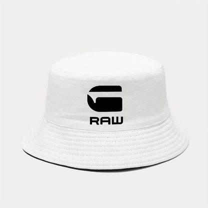 ATHACER Fashionable "RAW" Printed Fisherman Hat - Black with White Logo, Sun Shade Cap for Outdoor Activities, Travel, and Parties, Hand Washable Polyester, Perfect Gift for Birthdays and Holidays, Outdoor Headwear | Stylish