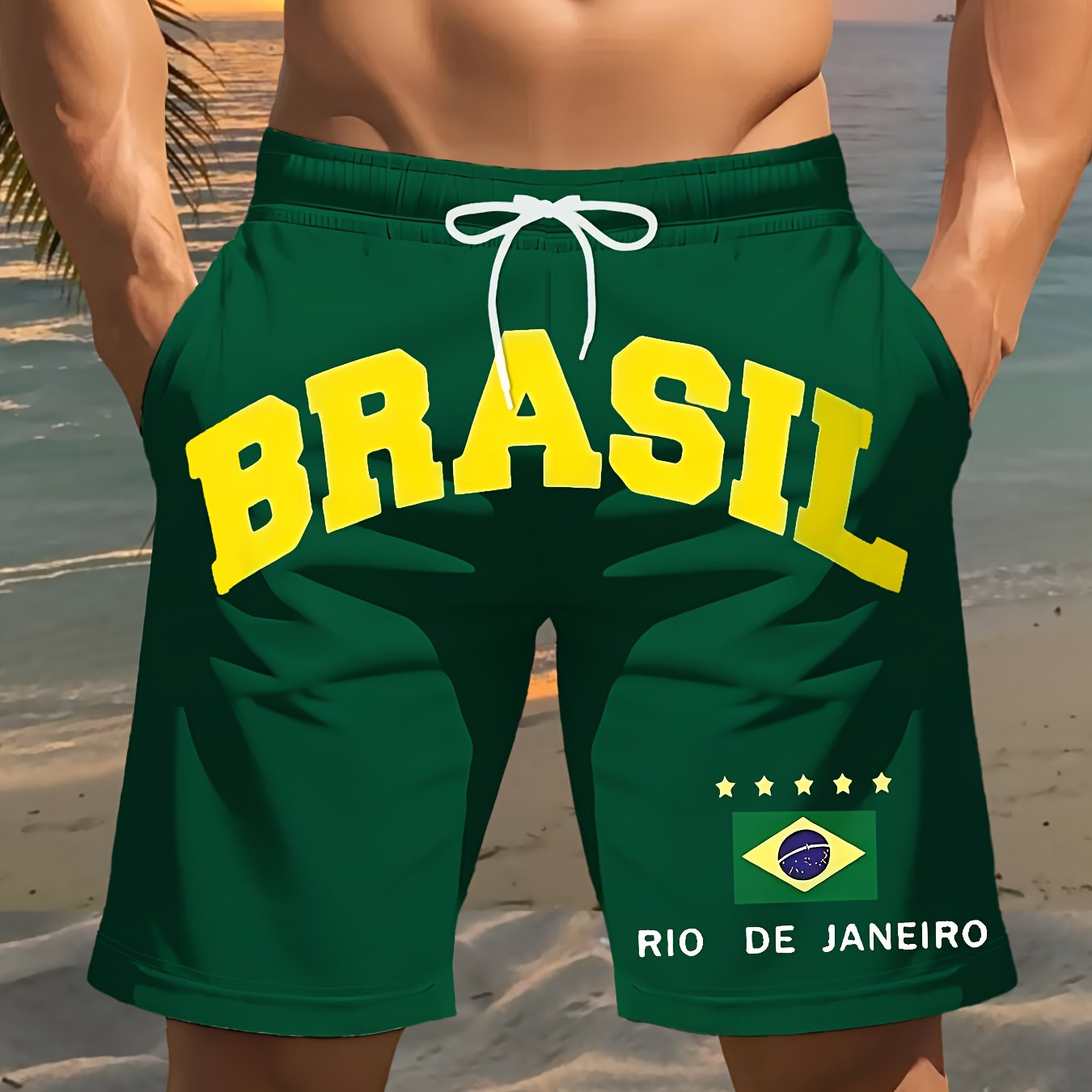 2025 New Men'S Fashion Print Beach Shorts, Brazilian Football Style Pattern 3D Print, - Casual Polyester Drawstring Waist, Lightweight and Comfortable for Summer, Casual Wear | Drawstring Shorts | Comfortable Fit Shorts for B