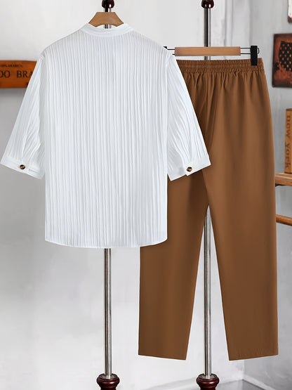 2025 New European and American Men's Summer Casual Wave Pattern Vacation Style Round Neck Short Sleeve and Long Pants Two-Piece Set