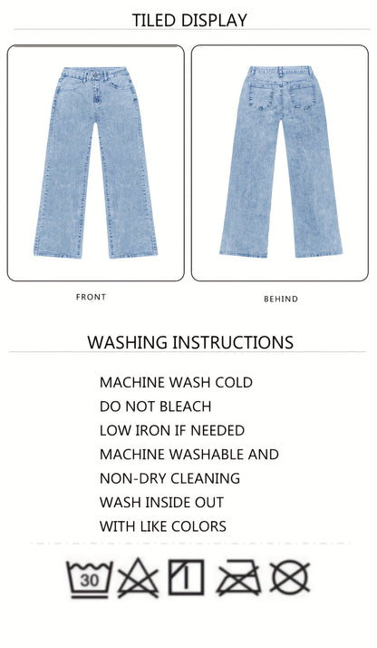 Women's 2025 new stretch loose wide leg straight jeans. acid wash light blue tummy control casual pants with pockets, high waisted comfort solid color pantalones, elegant ladies' clothing, denim trousers fit for travel, work