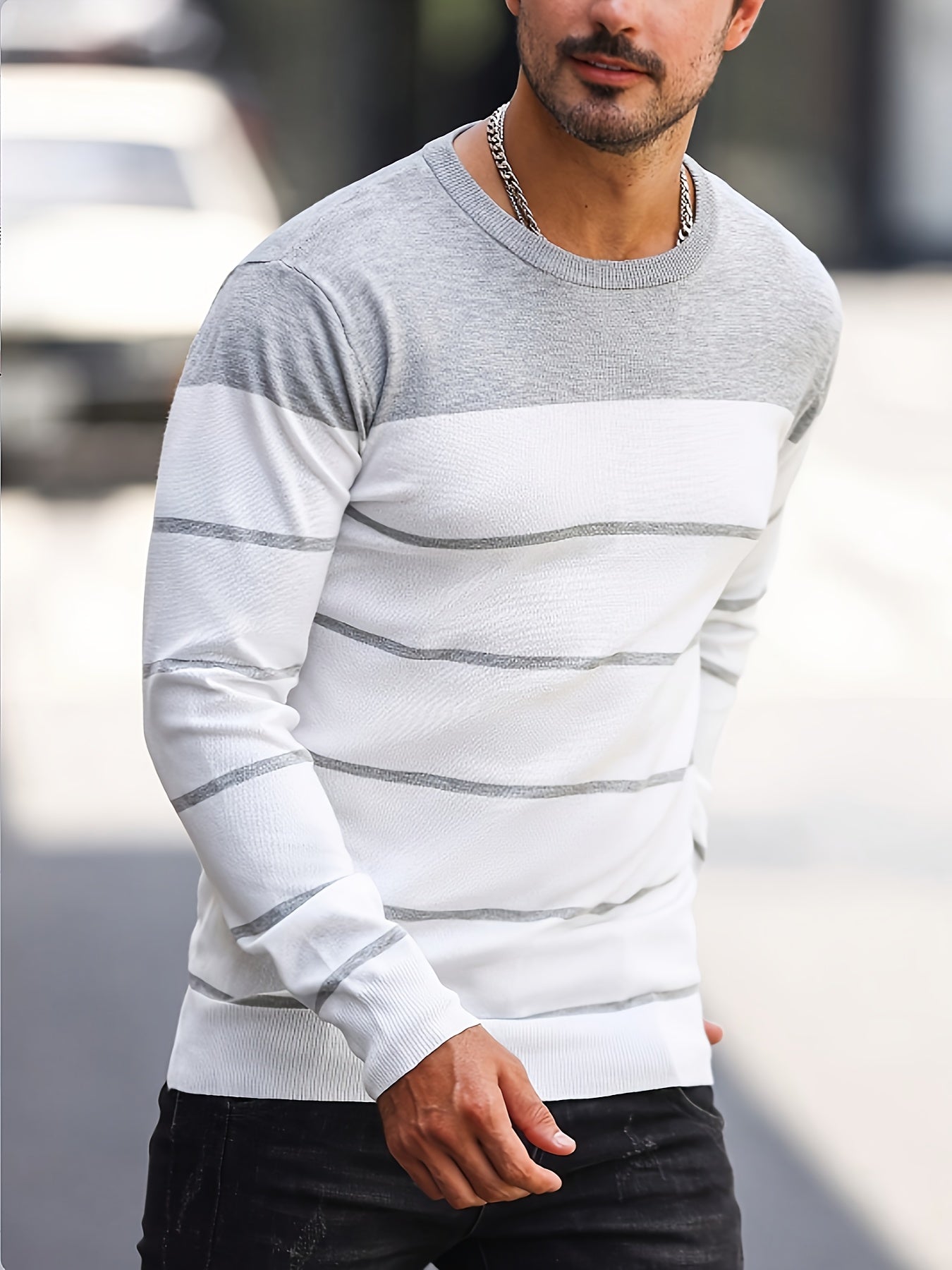 Men's Casual Striped Knit Pullover Sweater - Navy & White Contrast, Regular Fit H-Silhouette, Long Sleeve Crew Neck, Medium Stretch, Machine Washable for Spring & Fall, Mediumstretch Fabric