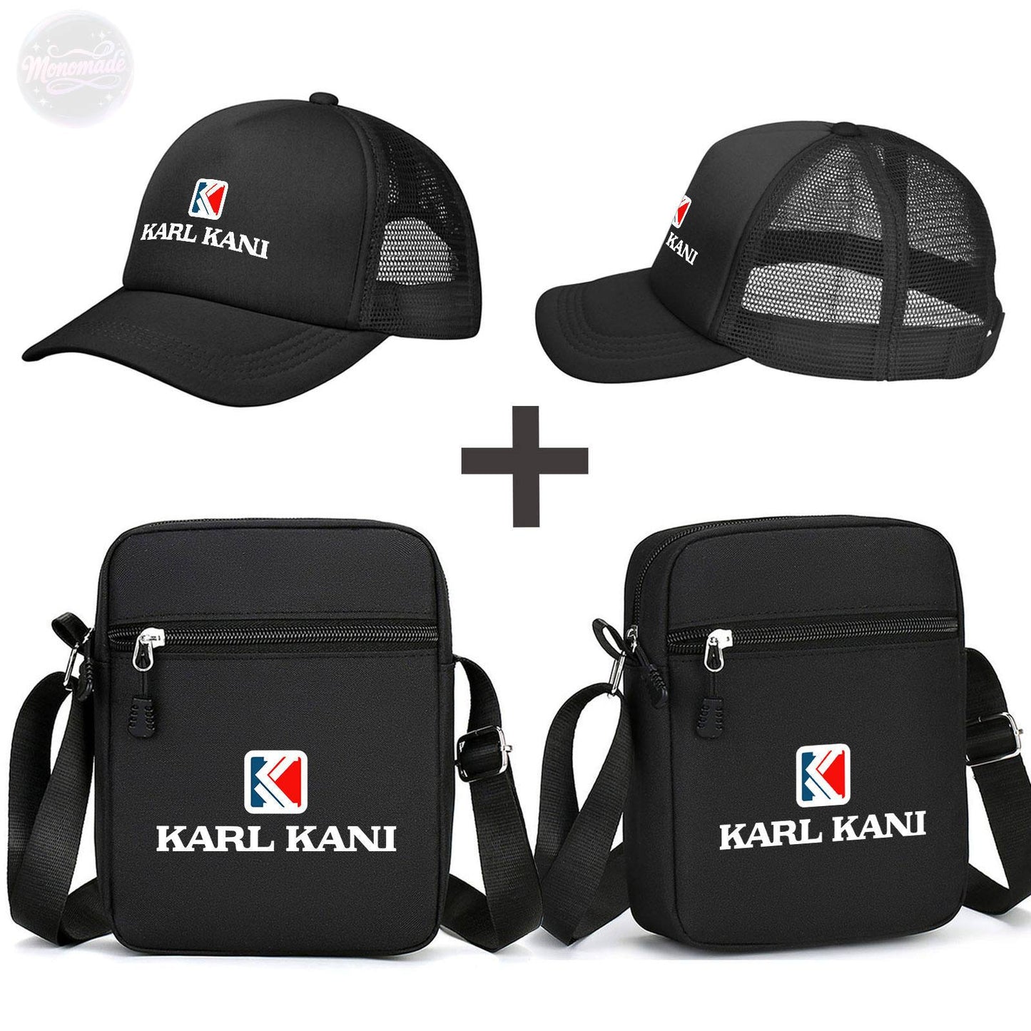 Trendy Karl Kani Logo Sling Bag & Baseball Cap Set - Stylish Crossbody Shoulder Bag with Snapback Hat for Men & Women - Urban Streetwear Fashion Accessories - Perfect Combo for Casual Outfits and Travel Essentials - Karl Kani