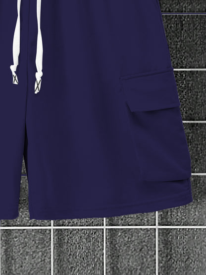 New Loose Fit Breathable Men's Crew Neck Short Sleeve T-Shirt and Workwear Style Multi-Pocket Shorts Set, Summer Casual Sportswear Two-Piece Outfit, Stylish Versatile Top and Pants for Both Men and Women