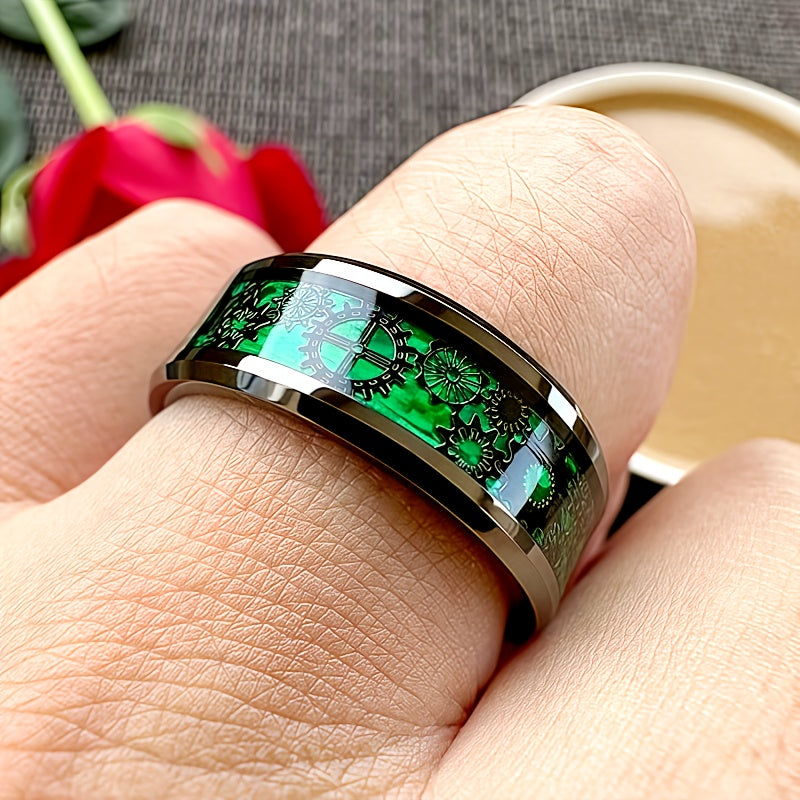 8mm Black Green Carbon Fiber Steam Punk Gear Inlaid Stainless Steel Ring for Men and Women'S Wedding Rings, Beveled Polishing, Comfortable Fit