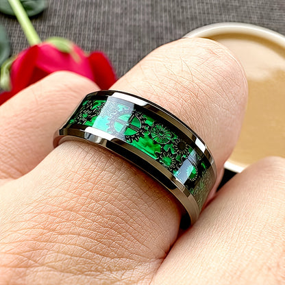 8mm Black Green Carbon Fiber Steam Punk Gear Inlaid Stainless Steel Ring for Men and Women'S Wedding Rings, Beveled Polishing, Comfortable Fit