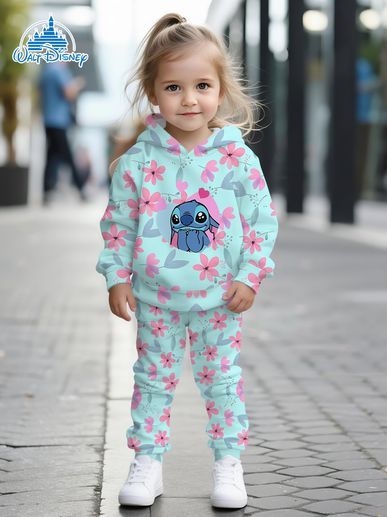 2- Piece Girls' Set with Disney Stitch Floral Cute- themed Digital Print Design, Long- sleeve Hoodie and Sweatpants Set, a Clothing Gift for Children. of Comfortable Fabric, Suitable for Autumn and Winter, Casual Sportswear S