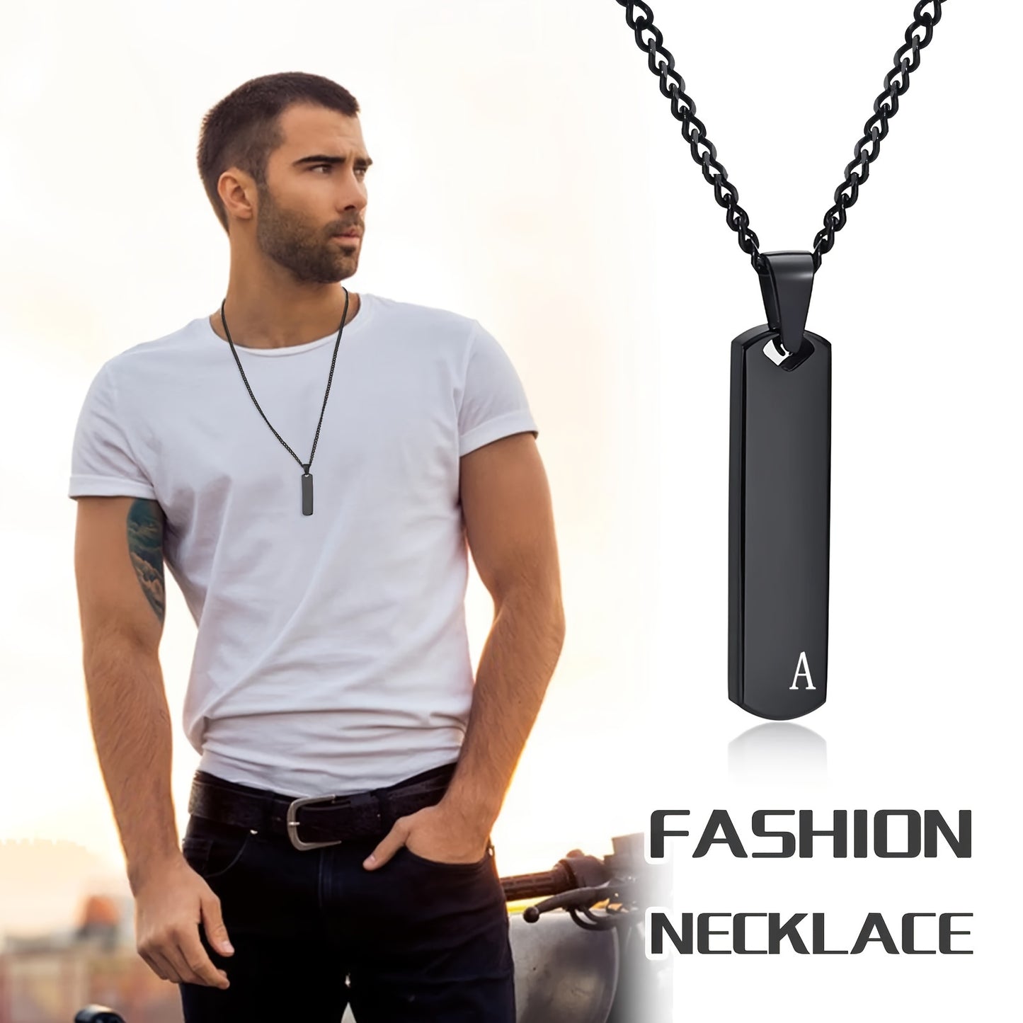 Letter Necklace Pendant Made of Stainless Steel, Featuring a Laser-Etched Design of 26 Letters, Polished for a Stylish 3D Rectangular Look, Suitable for Men.