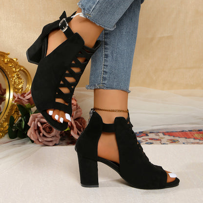 Women'S High-Top Block Heel Sandals - Stylish Black Open-Toe with Ankle Strap, Zipper Closure, and Cut-Out Design, Perfect for Casual or Formal Occasions, Casual Footwear | High Heel Sandals | Rubber Sole Sandals